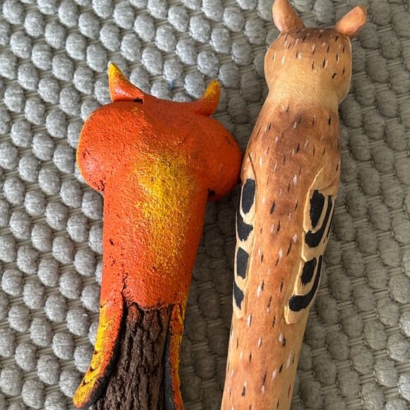 Set Of 2 Hand Wood Carved &Hand Painted Owl Pen & Pencil Set - Picture 2 of 6